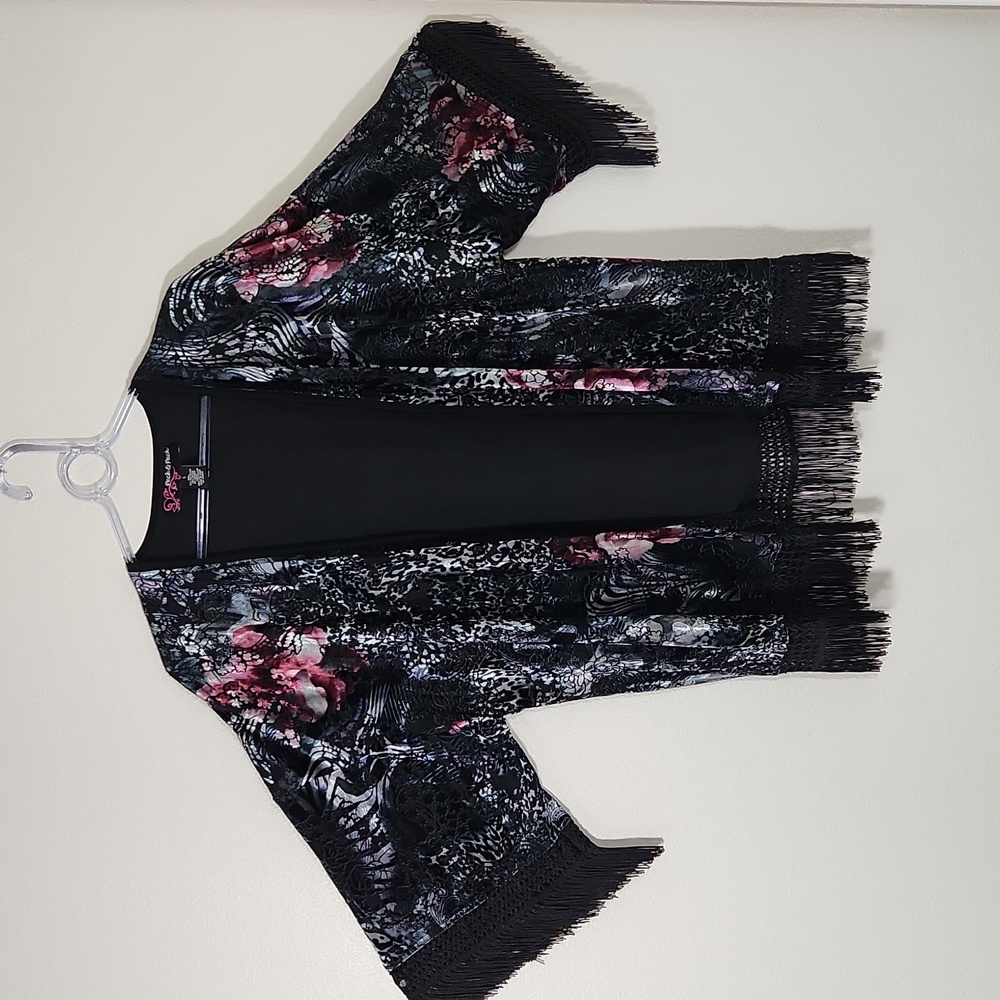 Peck & Peck Burnout Velvet Fringe Floral Leopard Kimono / Robe Sz L - Picture 1 of 15